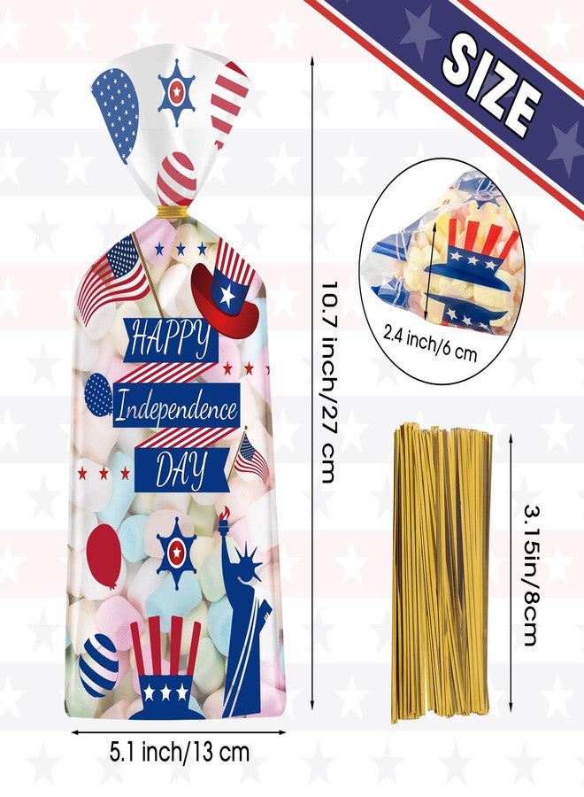 Litmitfu 100 Pcs 4th of July Treat Bags - Happy Patriotic Day Plastic Cellophane Bag, Clear Fourth of July Gift Goodie Candy Favor Bags with Gold Twist Ties for Independence Day Party Favors Supplies - Image 3